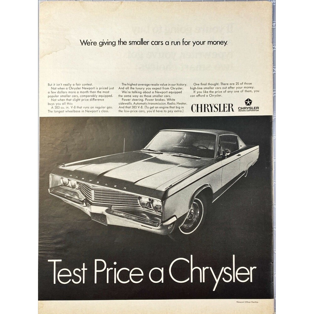 Chrysler Newport Sedan "Test Price a Chrysler" Vintage Print Ad '68